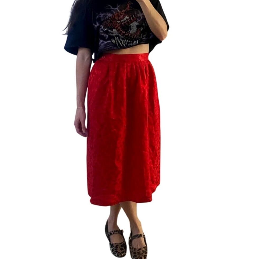 Argenti Silk Vintage 90s Red Floral Embossed High-waisted Midi Skirt Size XS / 6
